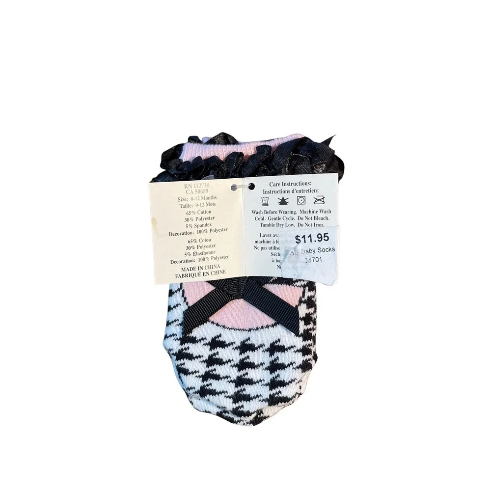 Jackson Ganz Houndstooth Ruffle Bow Socks Pink Baby 0-12 Months 2 Pair